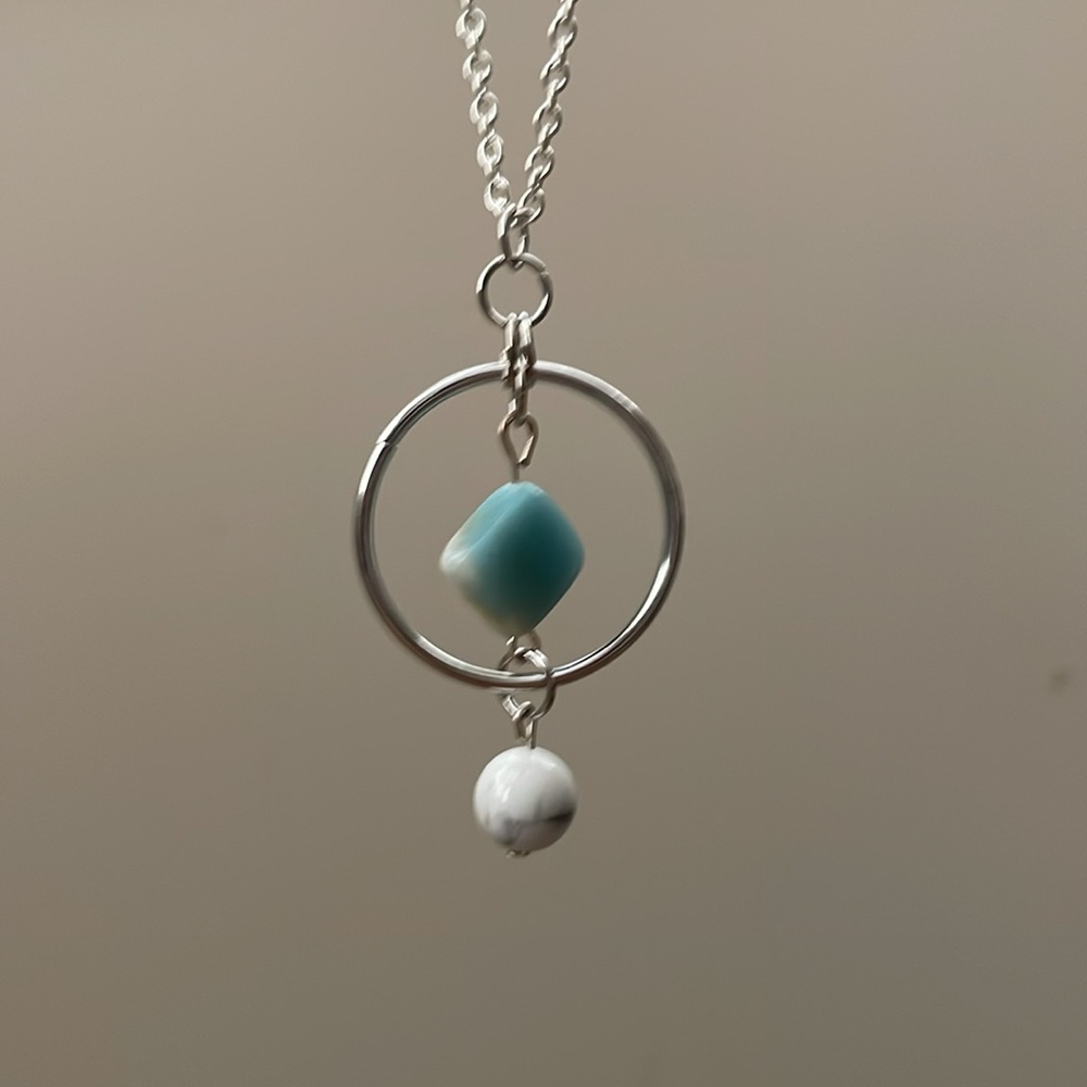 Elegant white + grey howlite round with ocean design square gemstone necklace